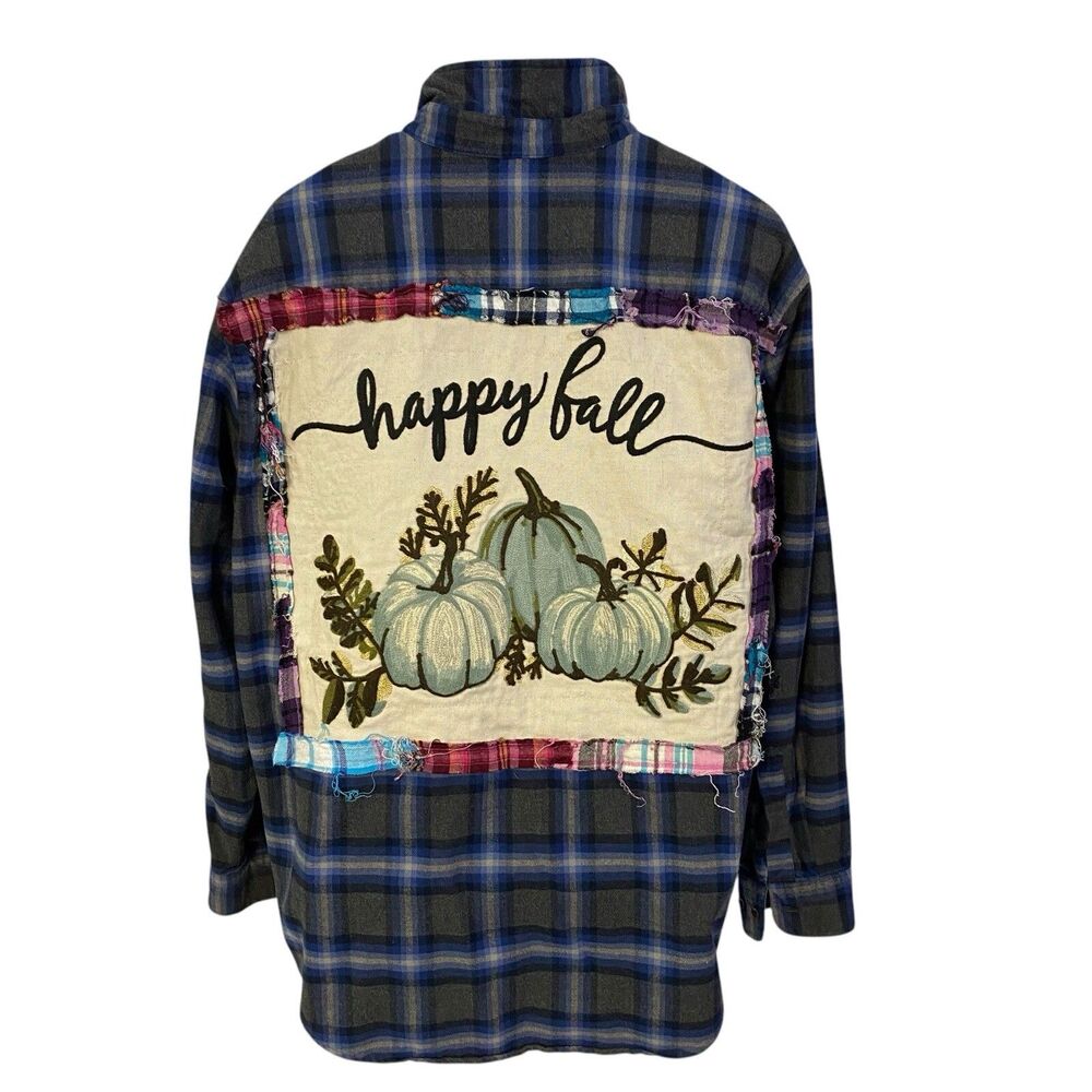 Upcycled Flannel Shirt Womens 1XL Blue Fall Grunge Pumpkin Shacket Art To Wear